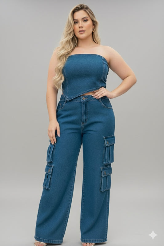 Conjunto Jeans Plus Size Com Cropped Assimétrico ( imagem ilustrativa) - Cód.0455