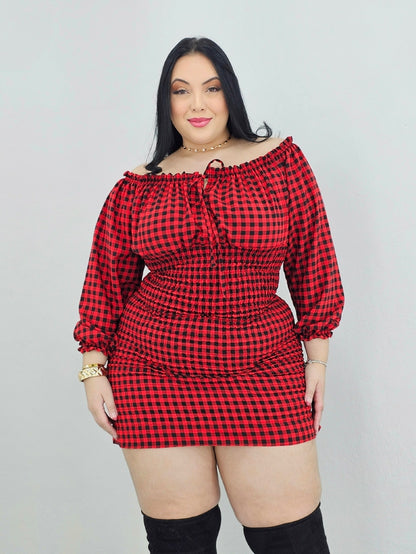 Vestido Plus Size em Lastex Vermelho Xadrez - Cód. 0277