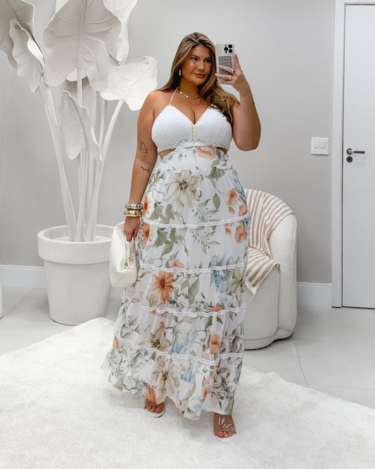 Vestido Plus Size Longo em Tule Floral com Busto Artesanal em Corda Branco - Cód. 0301 ( Previsão de envio dia 15/09)