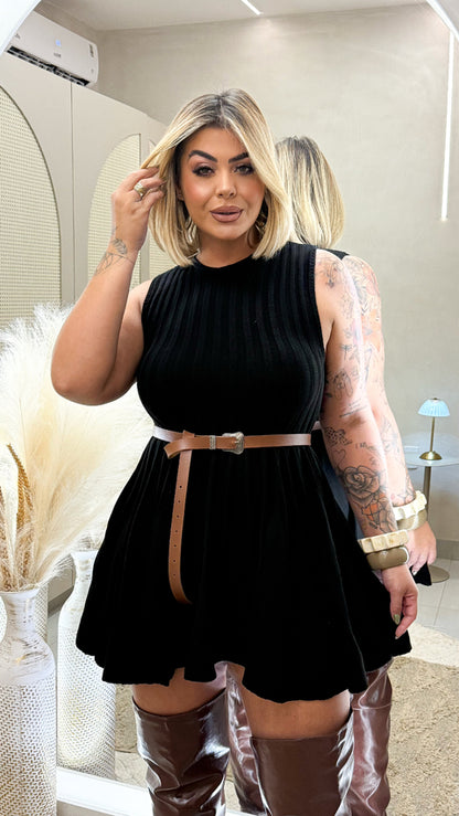Vestido Plus Size Curto em Tricô Modal Preto (Não acompanha o cinto) - Cód. 0261