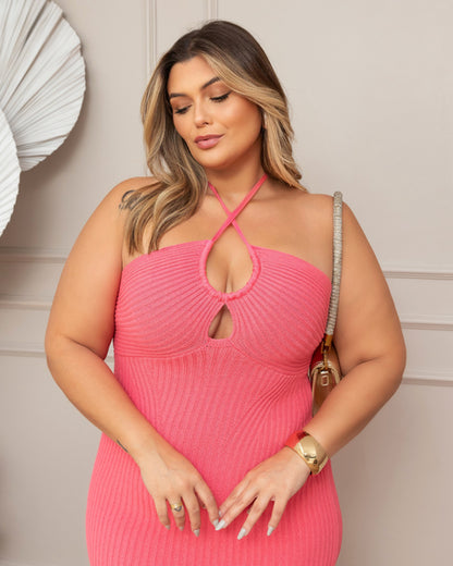 Vestido Plus Size Midi em Tricô Modal Rosa com Fenda Frontal - Cód. 0311