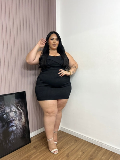 Vestido Plus Size Curto Canelado Preto - Cód. 0236
