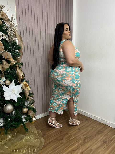 Vestido Plus Size Midi em Tecido Anarruga com Estampa Floral - Cód. 0308