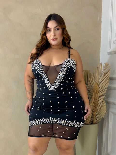 Vestido Plus Size Curto em Poliamida com Tule e Elastano Preto - Cód. 0252