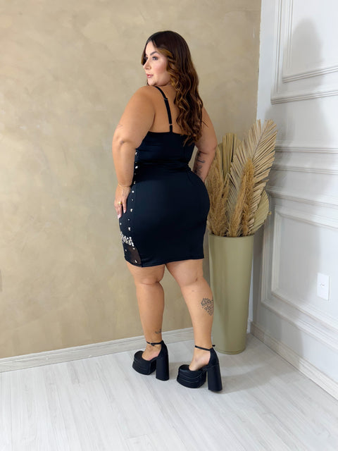 Vestido Plus Size Curto em Poliamida com Tule e Elastano Preto - Cód. 0252