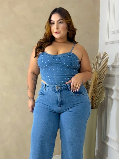 Cropped Plus Size Jeans com Elastano com Aplicações em Strass - Cód. 0141