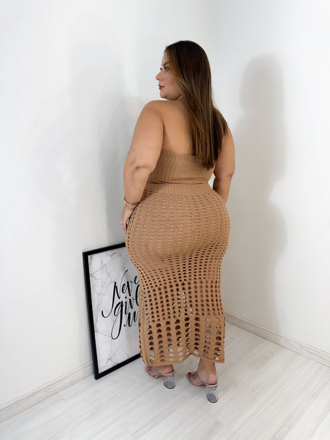 Vestido Plus Size Longo em Tricô Modal Marrom - Cód. 0296