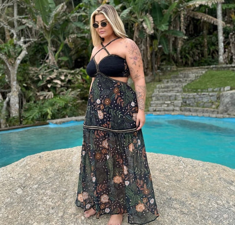 Vestido Plus Size em Tule Floral com Bojo Artesanal em Corda Preto - Cód. 0283