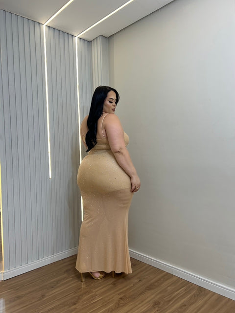 Vestido Plus Size Longo em Tule com Aplicação cor Nude Estilo Cauda de Sereia - Cód. 0298