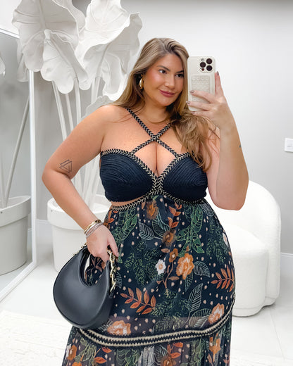 Vestido Plus Size em Tule Floral com Bojo Artesanal em Corda Preto - Cód. 0283