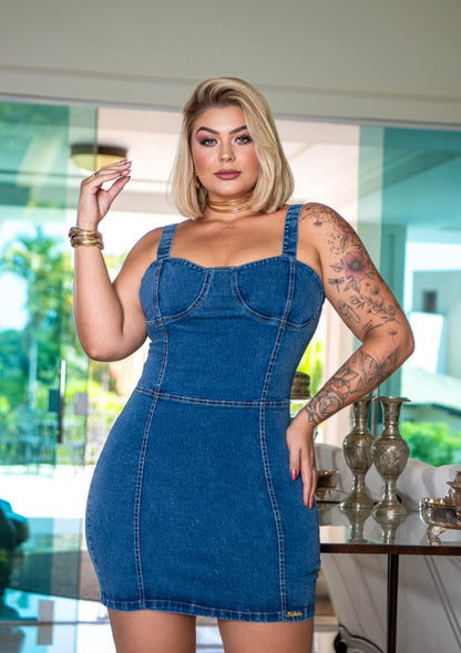 Vestido Plus Size Jeans Curto com Alças e Elastano - Cód. 0284