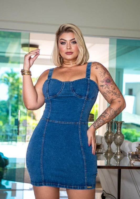 Vestido Plus Size Jeans Curto com Alças e Elastano - Cód. 0284