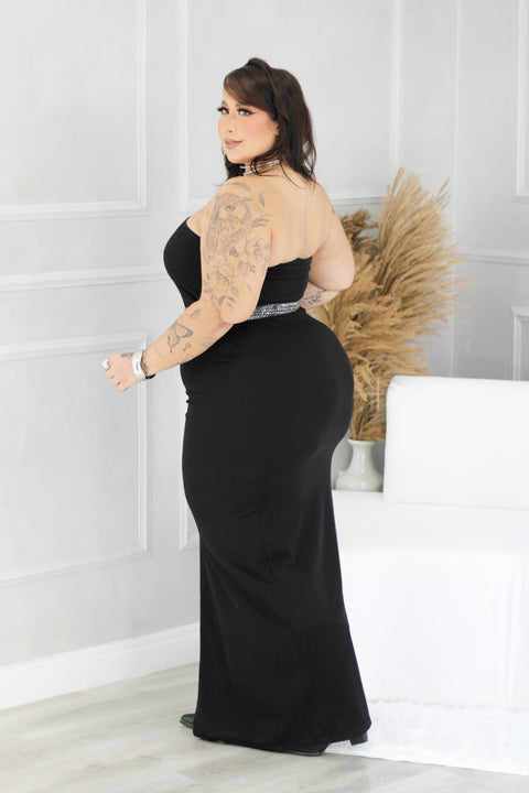 Vestido Plus Size Longo Jeans com Fenda Lateral Preto (Não acompanha cinto) - Cód. 0302