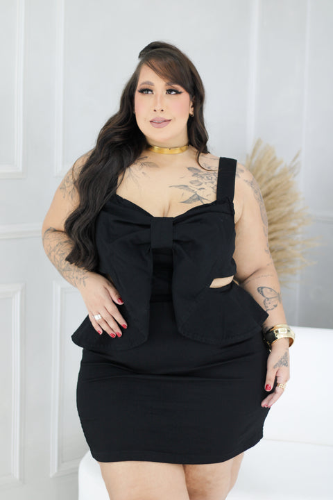 Vestido Plus Size Curto Jeans com Detalhe em Laço Preto - Cód. 0266