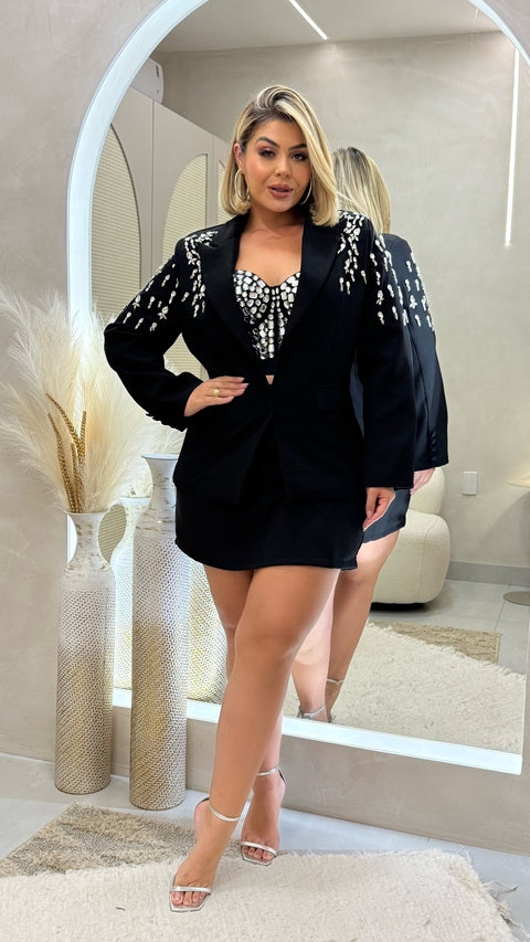 Blazer Plus Size Preto com Detalhes em Strass - Cód. 0006