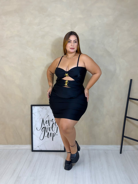 Vestido Plus Size em Poliamida com Elastano Preto com Detalhes Metalizados - Cód. 0279