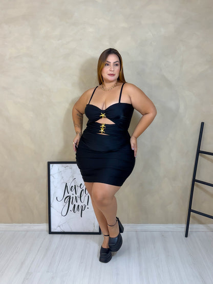 Vestido Plus Size em Poliamida com Elastano Preto com Detalhes Metalizados - Cód. 0279