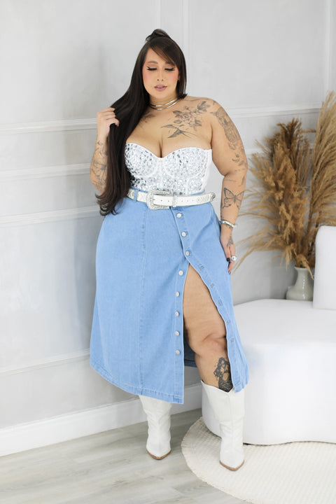 Saia Jeans Plus Size Midi (Não acompanha o cinto) - Cód. 0186