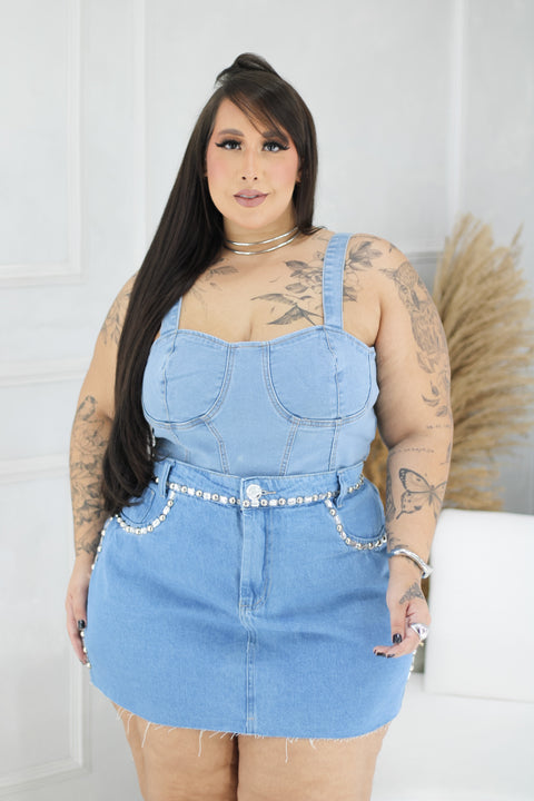 Saia Jeans Plus Size com Aplicação em Pedraria - Cód. 0183