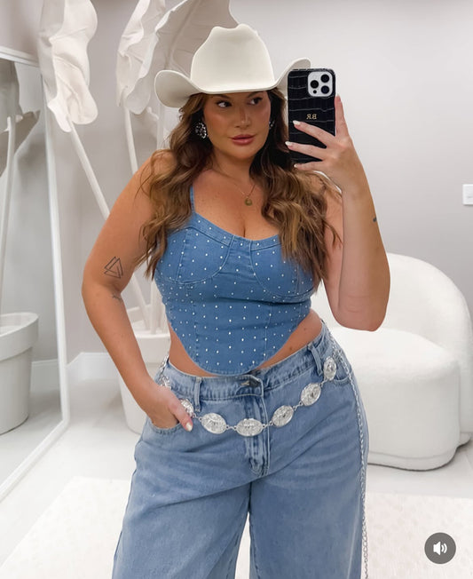 Cropped Plus Size Jeans com Elastano com Aplicações em Strass - Cód. 0141