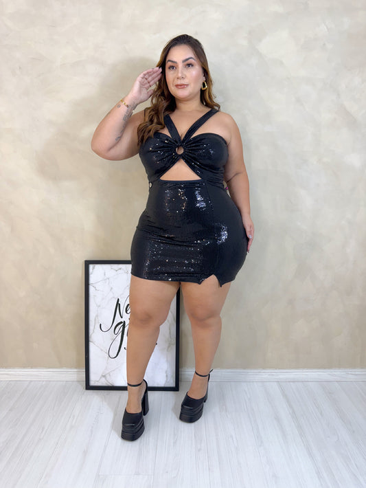 Vestido Plus Size Curto em Paetê Preto - Cód. 0251