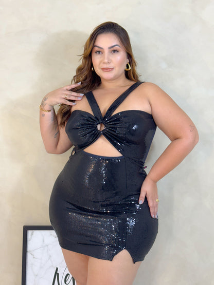 Vestido Plus Size Curto em Paetê Preto - Cód. 0251