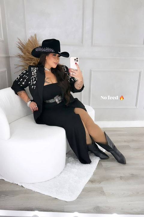 Blazer Plus Size Preto com Detalhes em Strass - Cód. 0006
