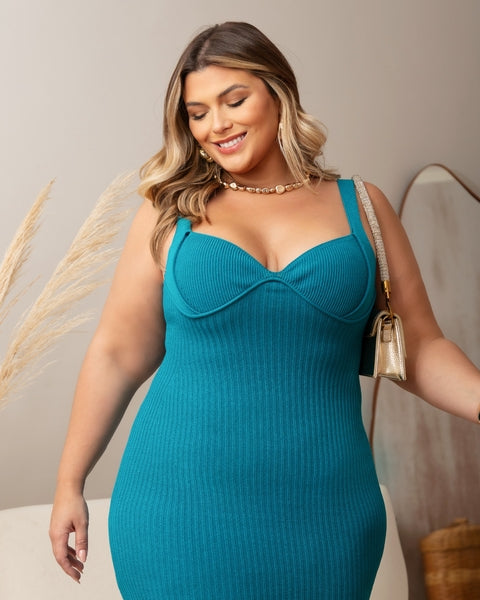 Vestido Plus Size Midi em Tricô Modal Azul - Cód. 0309